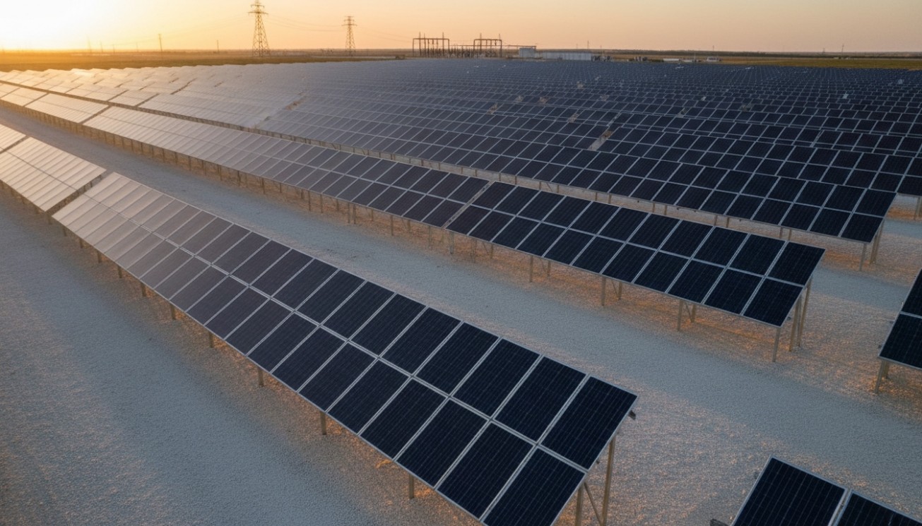 Bifacial utility solar farm using open row spacing and high-reflectance ground to support rear-side energy generation